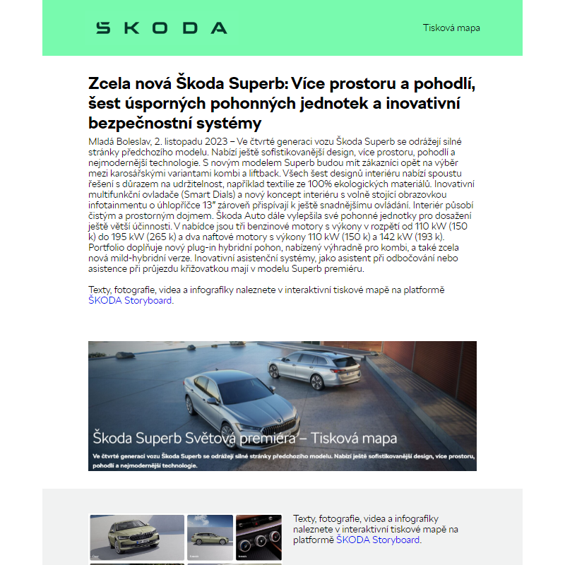 Zcela nová Škoda Superb: Více prostoru a pohodlí, šest úsporných pohonných jednotek a inovativní bezpečnostní systémy