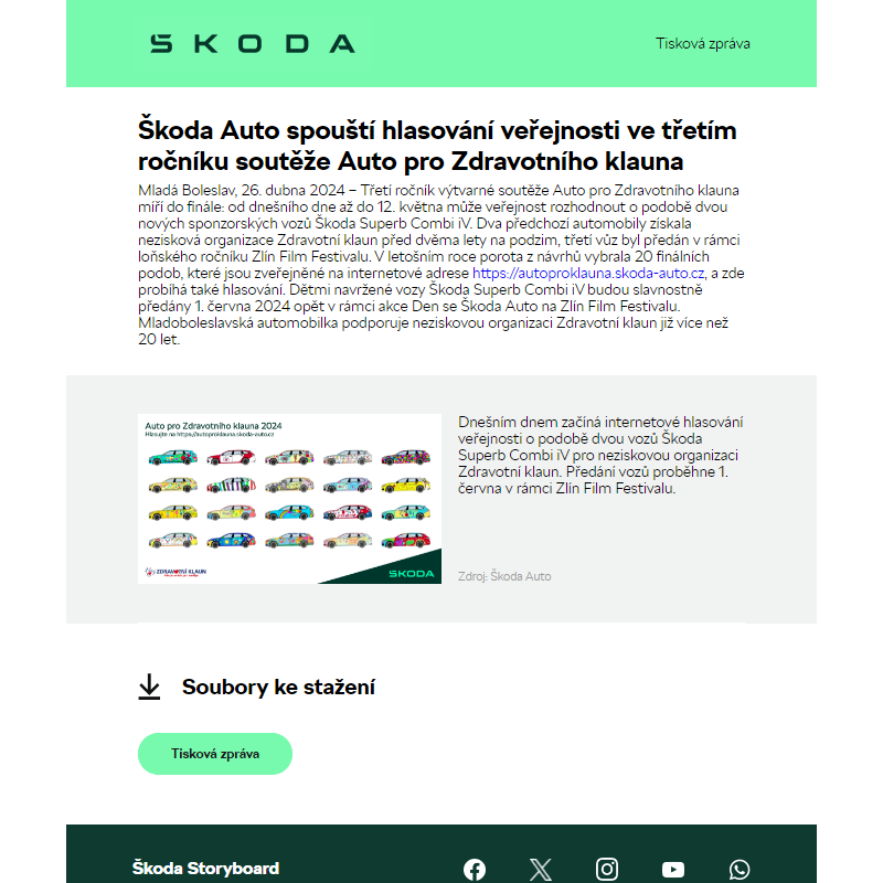 Škoda Auto spouští hlasování veřejnosti ve třetím ročníku soutěže Auto pro Zdravotního klauna