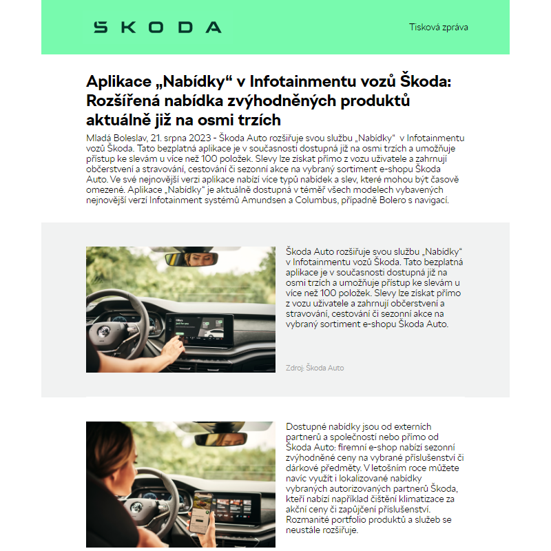 Aplikace „Nabídky“ v Infotainmentu vozů Škoda: Rozšířená nabídka zvýhodněných produktů aktuálně již na osmi trzích