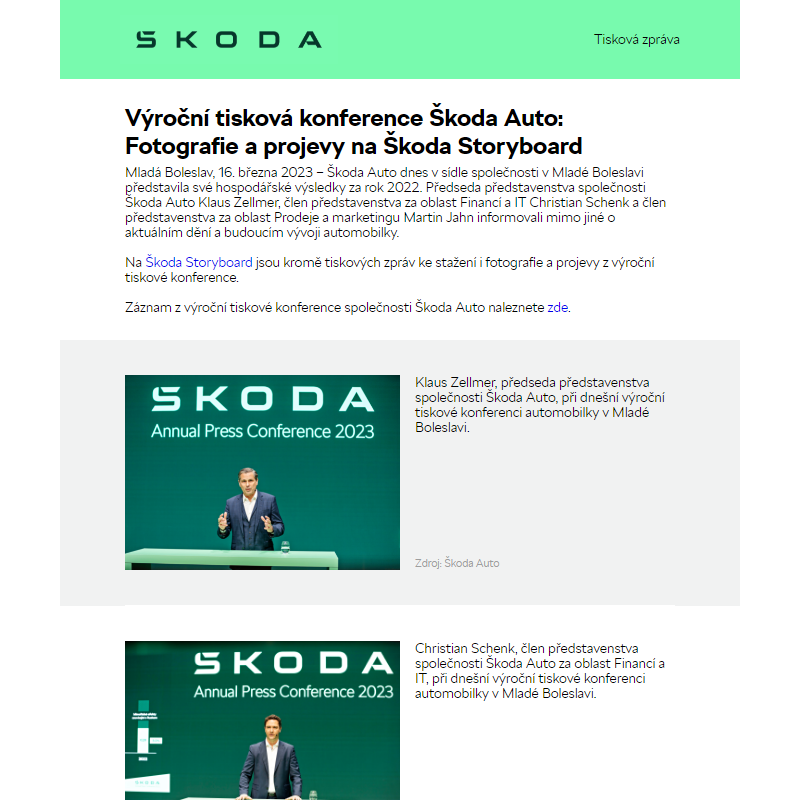 Výroční tisková konference Škoda Auto: Fotografie a projevy na Škoda Storyboard