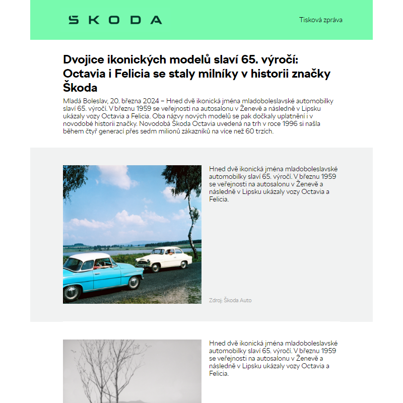 Dvojice ikonických modelů slaví 65. výročí: Octavia i Felicia se staly milníky v historii značky Škoda