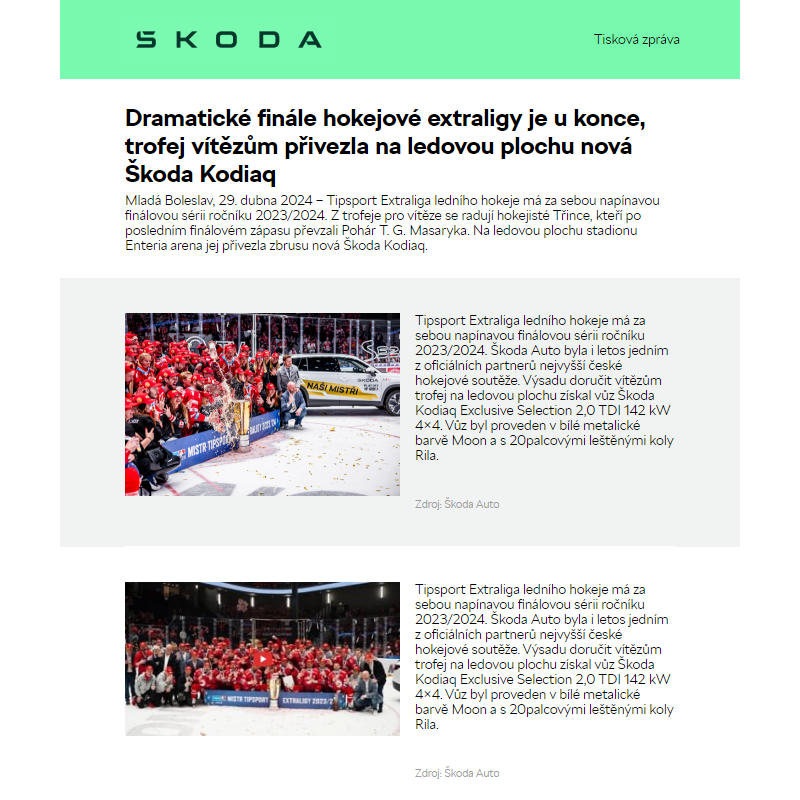 Dramatické finále hokejové extraligy je u konce, trofej vítězům přivezla na ledovou plochu nová Škoda Kodiaq