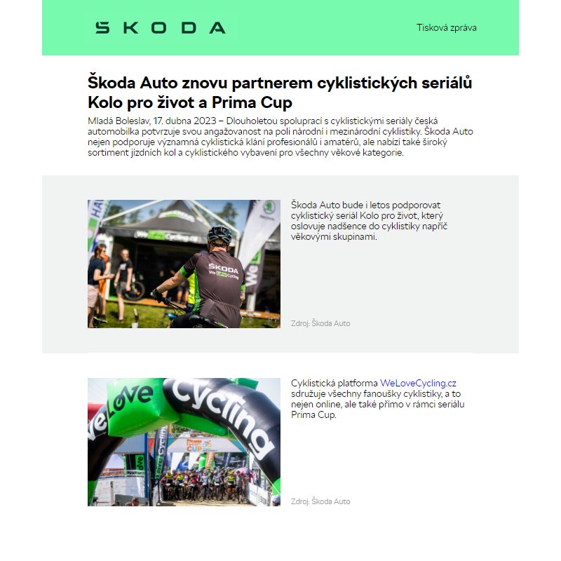 Škoda Auto znovu partnerem cyklistických seriálů Kolo pro život a Prima Cup