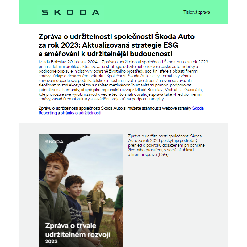 Zpráva o udržitelnosti společnosti Škoda Auto za rok 2023: Aktualizovaná strategie ESG a směřování k udržitelnější budoucnosti