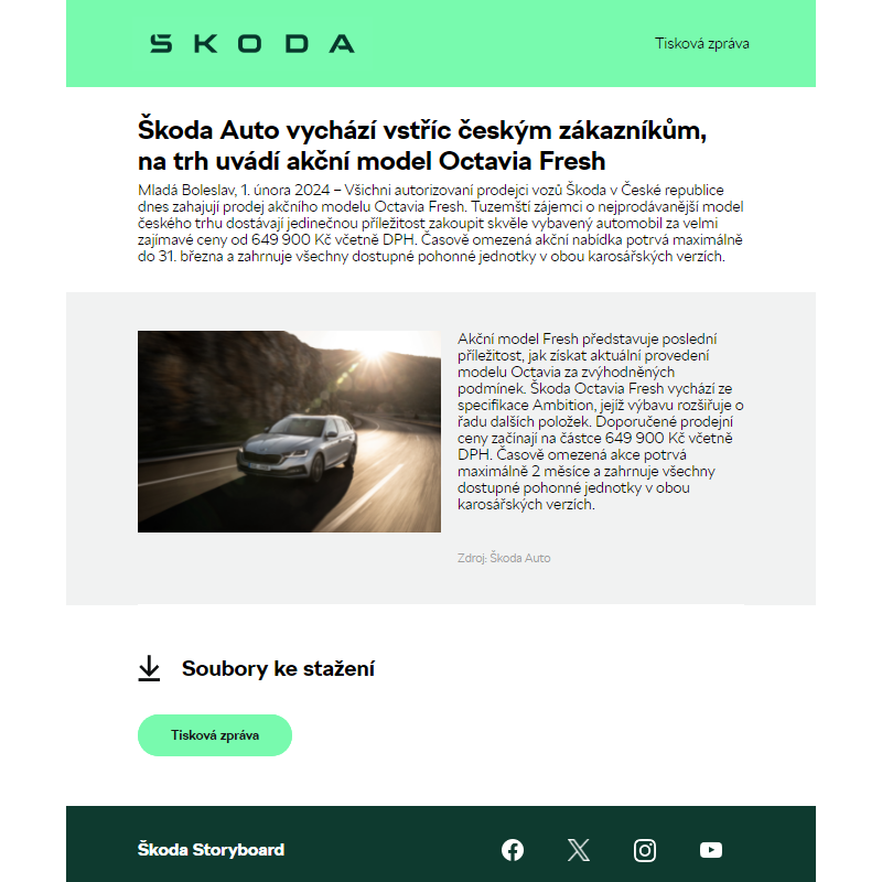 Škoda Auto vychází vstříc českým zákazníkům, na trh uvádí akční model Octavia Fresh