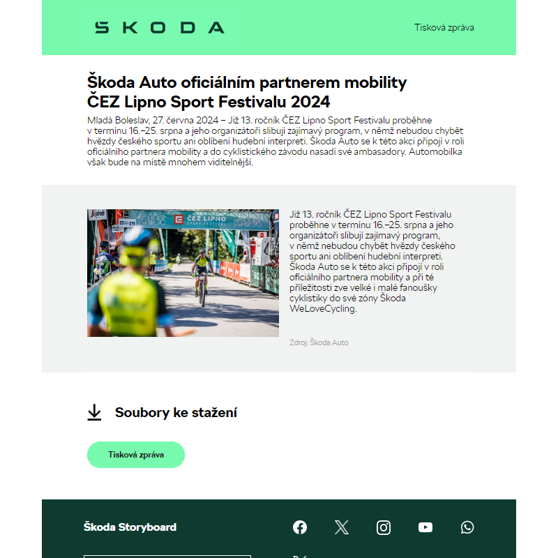 Škoda Auto oficiálním partnerem mobility ČEZ Lipno Sport Festivalu 2024