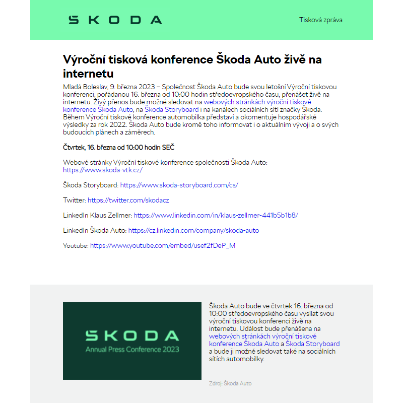 Výroční tisková konference Škoda Auto živě na internetu