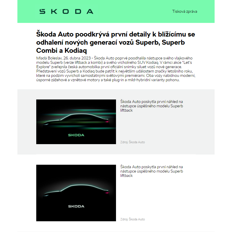 Škoda Auto poodkrývá první detaily k blížícímu se odhalení nových generací vozů Superb, Superb Combi a Kodiaq