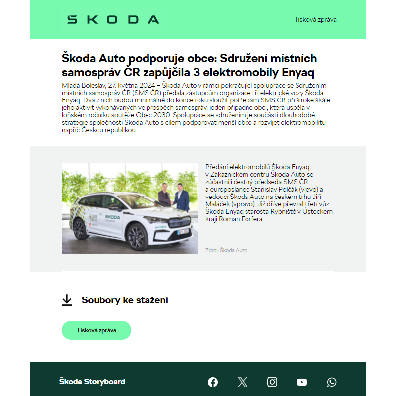 Škoda Auto podporuje obce: Sdružení místních samospráv ČR zapůjčila 3 elektromobily Enyaq