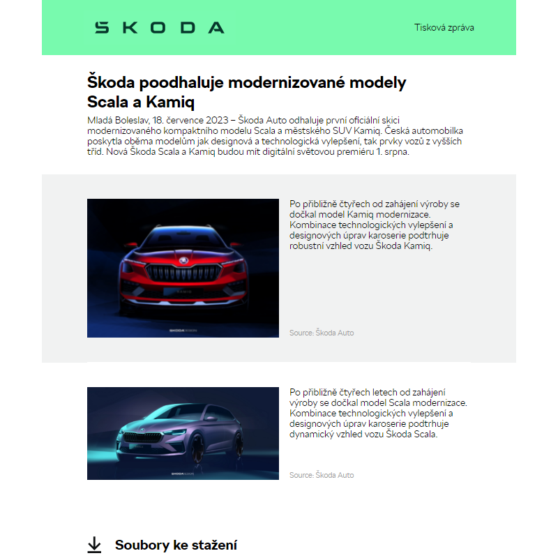 Škoda poodhaluje modernizované modely Scala a Kamiq