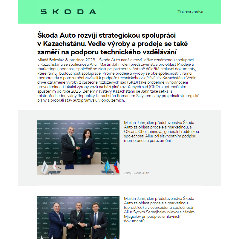 Škoda Auto rozvíjí strategickou spolupráci v Kazachstánu. Vedle výroby a prodeje se také zaměří na podporu technického vzdělávání