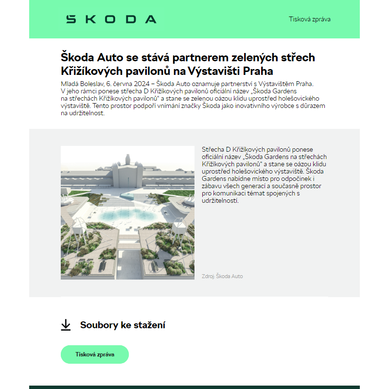 Škoda Auto se stává partnerem zelených střech Křižíkových pavilonů na Výstavišti Praha