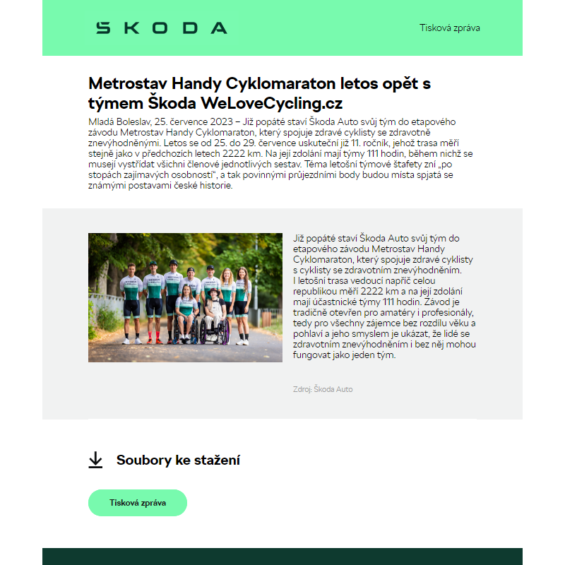 Metrostav Handy Cyklomaraton letos opět s týmem Škoda WeLoveCycling.cz
