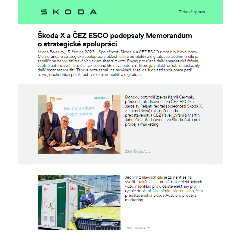 Škoda X a ČEZ ESCO podepsaly Memorandum o strategické spolupráci