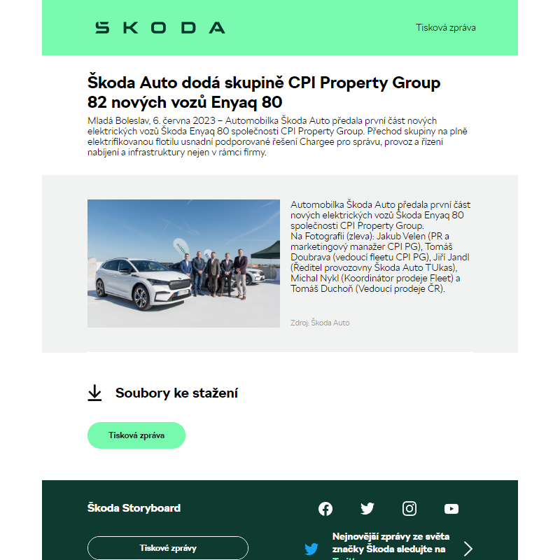 Škoda Auto dodá skupině CPI Property Group 82 nových vozů Enyaq 80