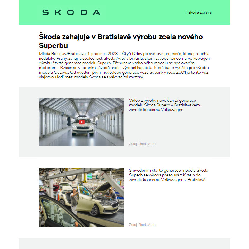Škoda zahajuje v Bratislavě výrobu zcela nového Superbu