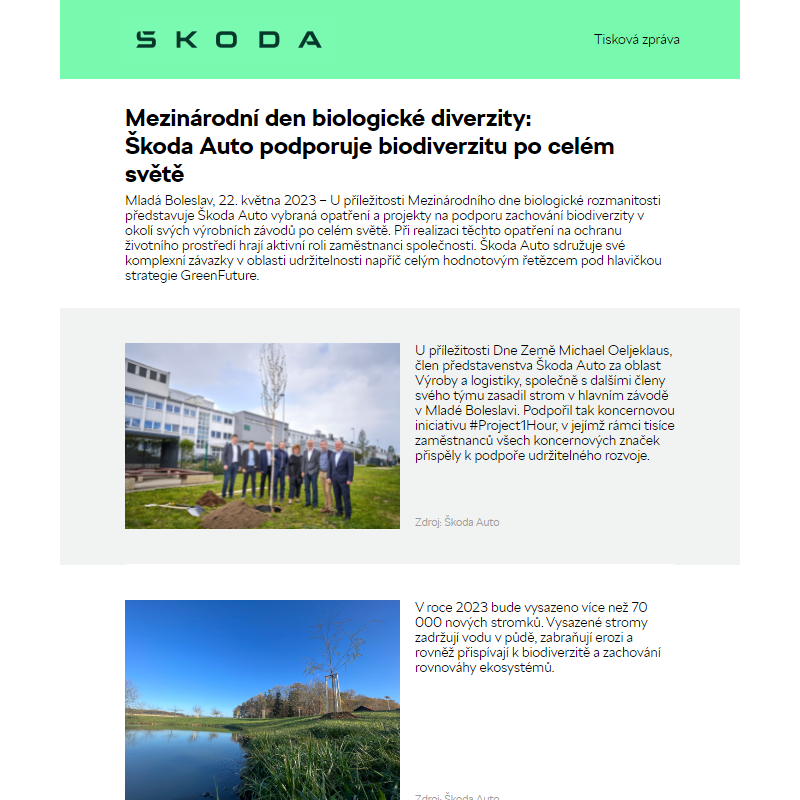 Mezinárodní den biologické diverzity:  Škoda Auto podporuje biodiverzitu po celém světě
