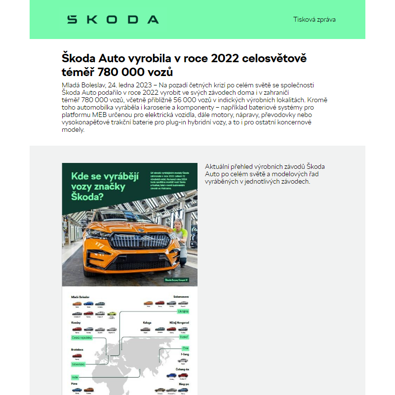 Škoda Auto vyrobila v roce 2022 celosvětově téměř 780 000 vozů