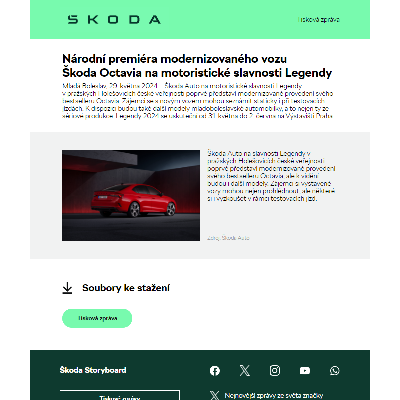Národní premiéra modernizovaného vozu Škoda Octavia na motoristické slavnosti Legendy