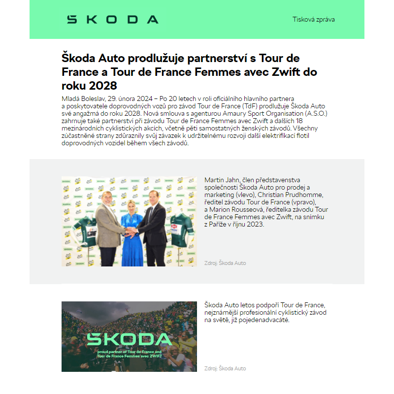 Škoda Auto prodlužuje partnerství s Tour de France a Tour de France Femmes avec Zwift do roku 2028