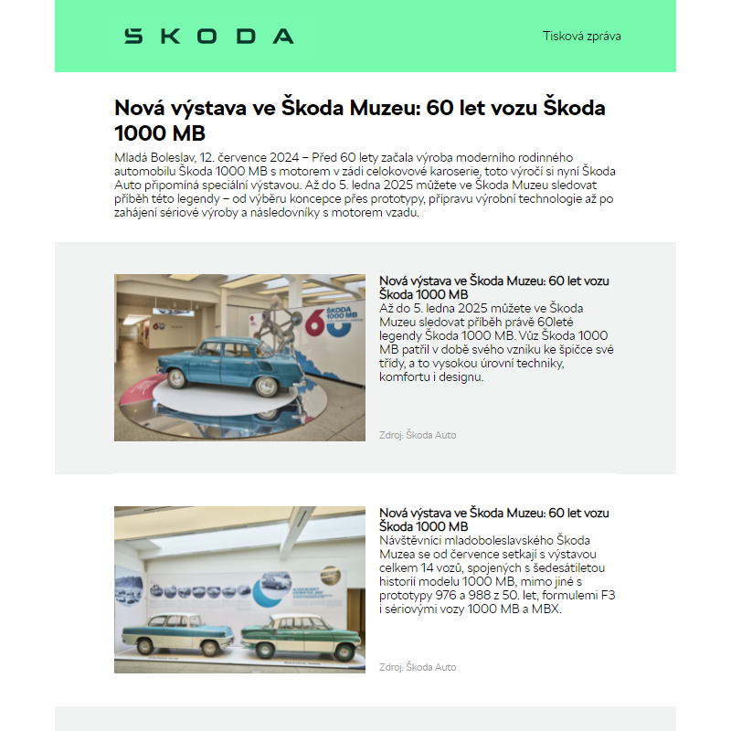 Nová výstava ve Škoda Muzeu: 60 let vozu Škoda 1000 MB