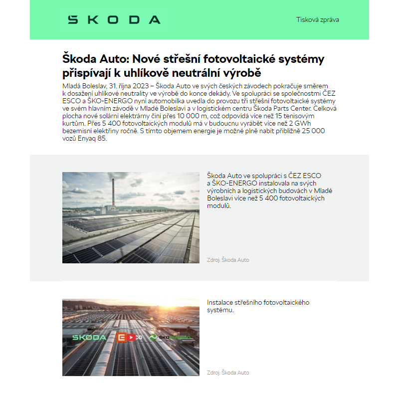 Škoda Auto: Nové střešní fotovoltaické systémy přispívají k uhlíkově neutrální výrobě