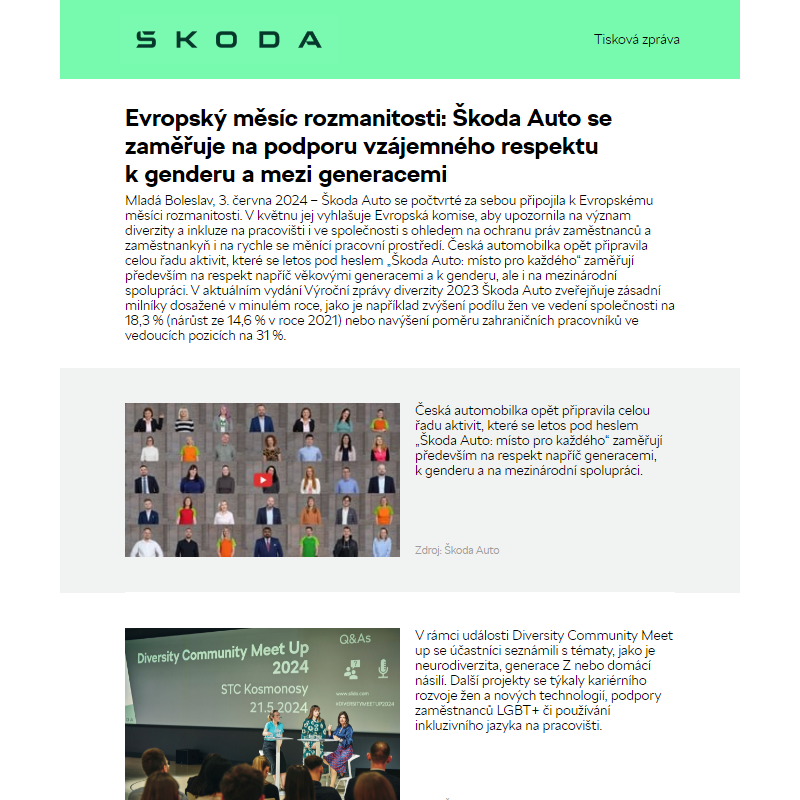 Evropský měsíc rozmanitosti: Škoda Auto se zaměřuje na podporu vzájemného respektu k genderu a mezi generacemi