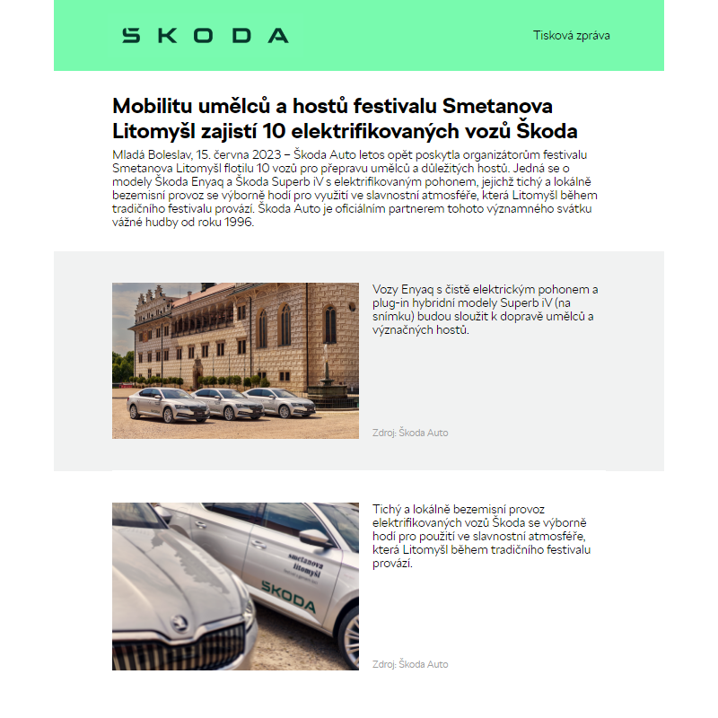 Mobilitu umělců a hostů festivalu Smetanova Litomyšl zajistí 10 elektrifikovaných vozů Škoda