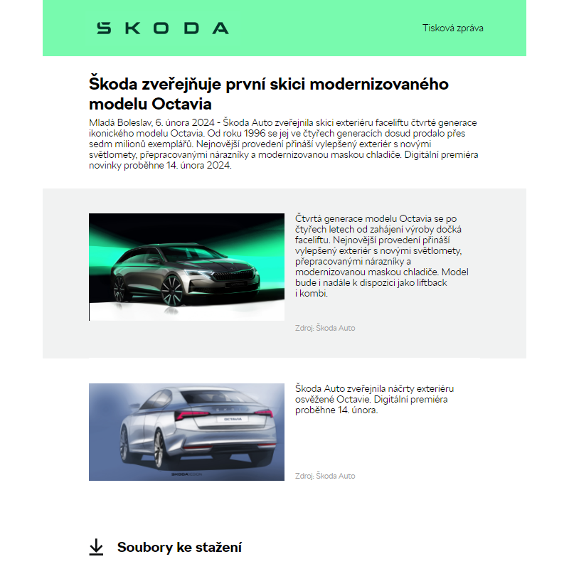 Škoda zveřejňuje první skici modernizovaného modelu Octavia