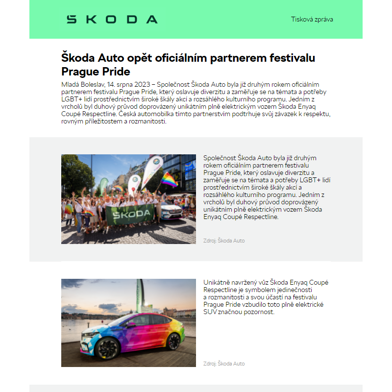 Škoda Auto opět oficiálním partnerem festivalu Prague Pride
