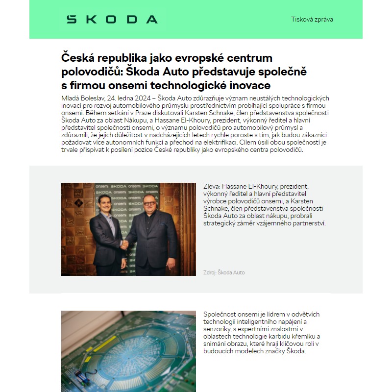 Česká republika jako evropské centrum polovodičů: Škoda Auto představuje společně s firmou onsemi technologické inovace