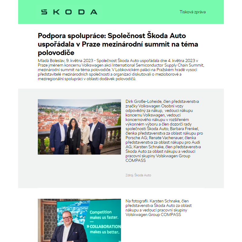Podpora spolupráce: Společnost Škoda Auto uspořádala v Praze mezinárodní summit na téma polovodiče