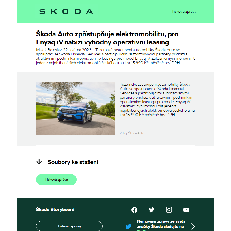Škoda Auto zpřístupňuje elektromobilitu, pro Enyaq iV nabízí výhodný operativní leasing