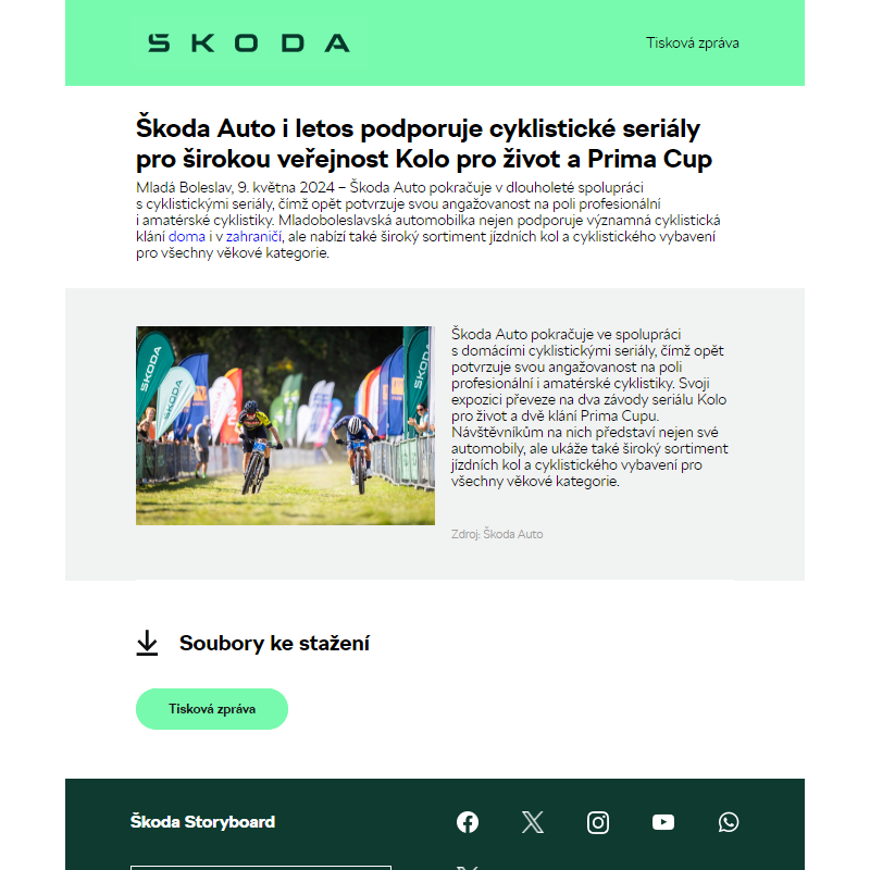 Škoda Auto i letos podporuje cyklistické seriály pro širokou veřejnost Kolo pro život a Prima Cup