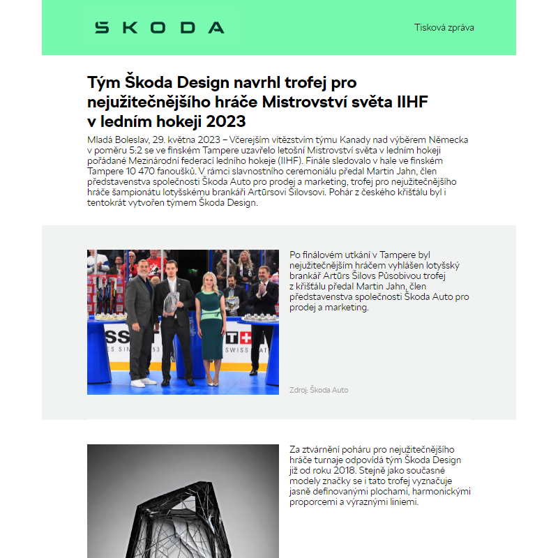 Tým Škoda Design navrhl trofej pro nejužitečnějšího hráče Mistrovství světa IIHF v ledním hokeji 2023