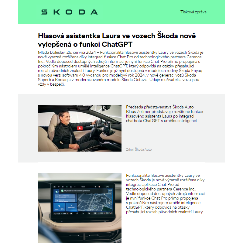 Hlasová asistentka Laura ve vozech Škoda nově vylepšená o funkci ChatGPT
