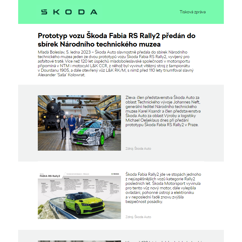Prototyp vozu Škoda Fabia RS Rally2 předán do sbírek Národního technického muzea