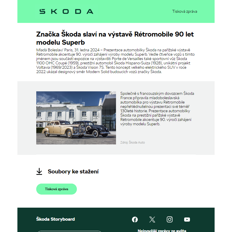 Značka Škoda slaví na výstavě Rétromobile 90 let modelu Superb