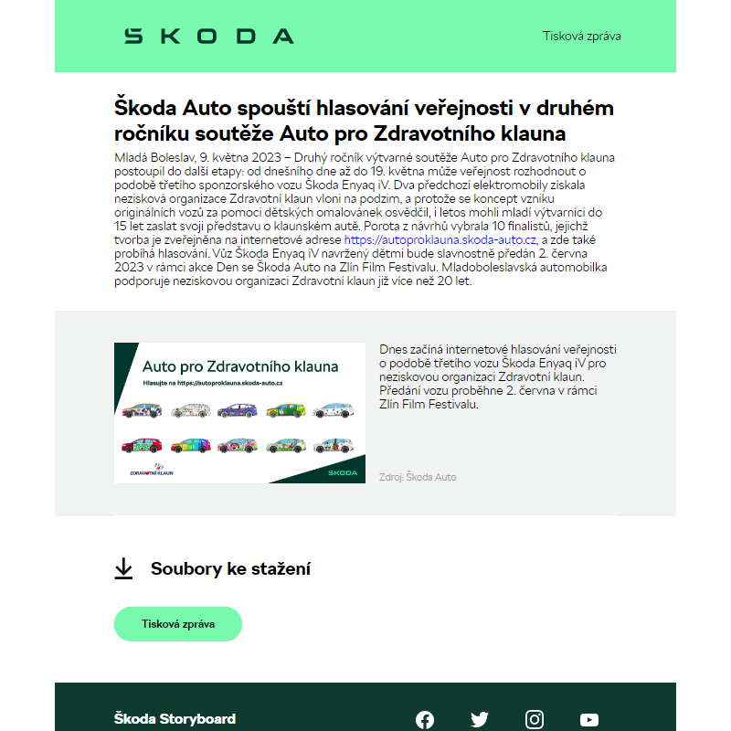 Škoda Auto spouští hlasování veřejnosti v druhém ročníku soutěže Auto pro Zdravotního klauna