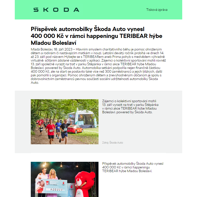 Příspěvek automobilky Škoda Auto vynesl 400 000 Kč v rámci happeningu TERIBEAR hýbe Mladou Boleslaví