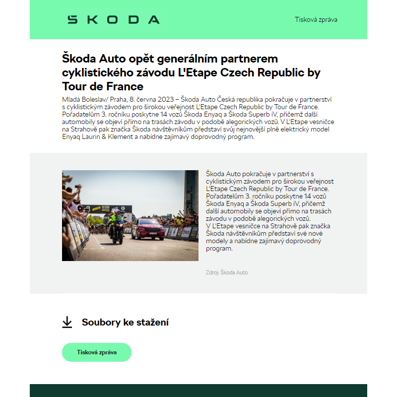Škoda Auto opět generálním partnerem cyklistického závodu L'Etape Czech Republic by Tour de France