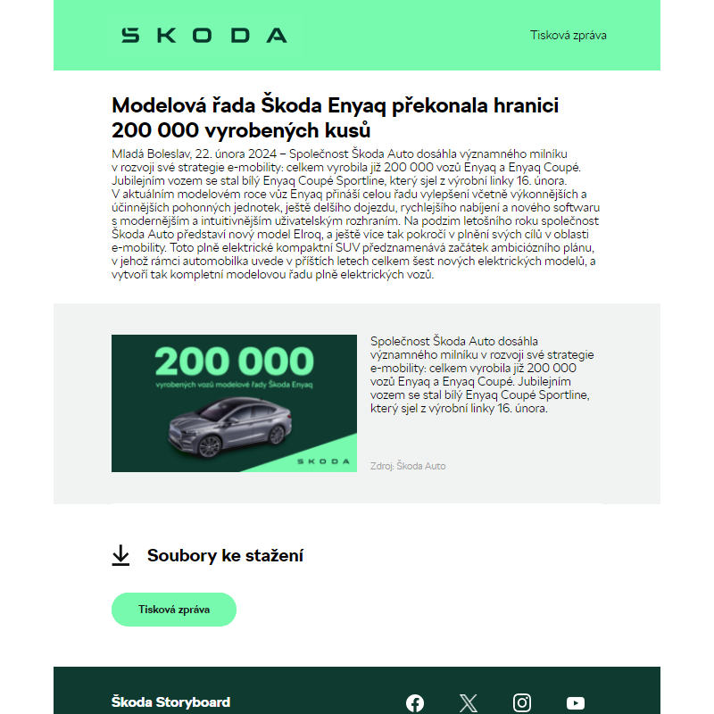 Modelová řada Škoda Enyaq překonala hranici 200 000 vyrobených kusů