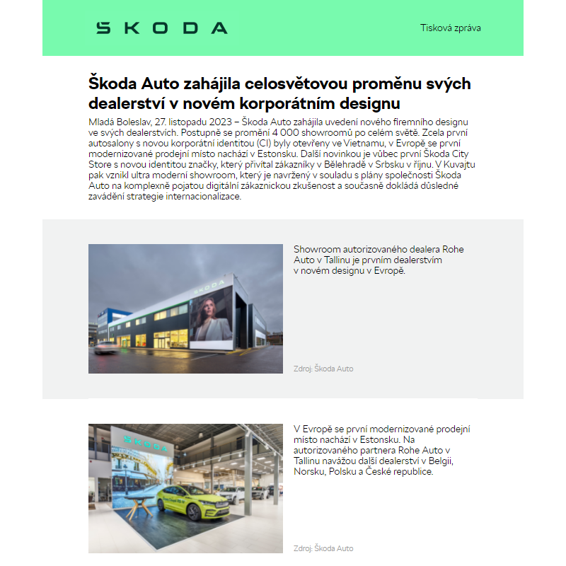 Škoda Auto zahájila celosvětovou proměnu svých dealerství v novém korporátním designu