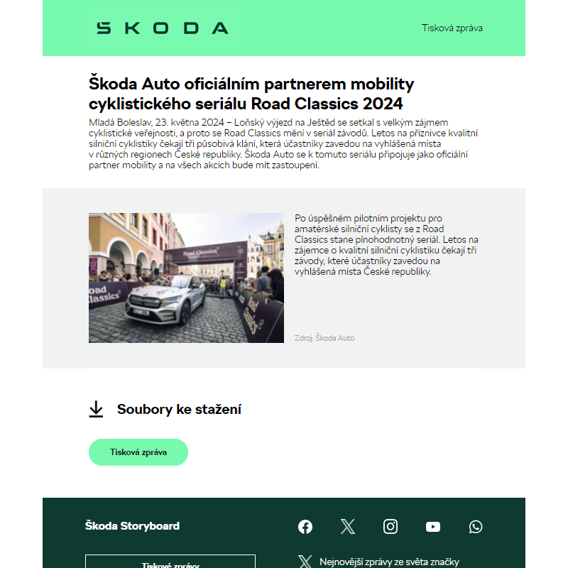 Škoda Auto oficiálním partnerem mobility cyklistického seriálu Road Classics 2024
