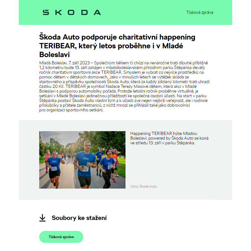 Škoda Auto podporuje charitativní happening TERIBEAR, který letos proběhne i v Mladé Boleslavi