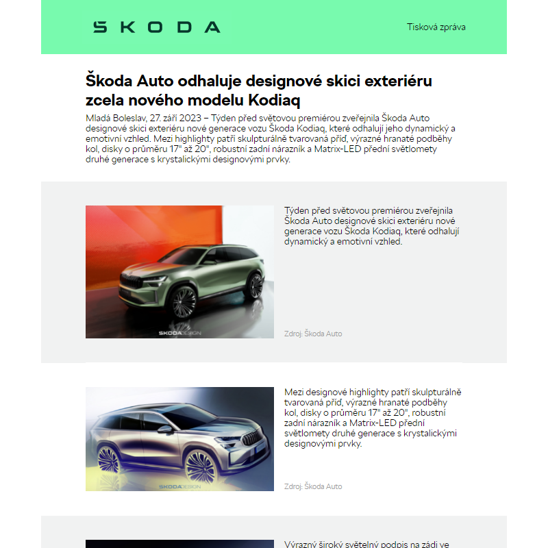 Škoda Auto odhaluje designové skici exteriéru zcela nového modelu Kodiaq