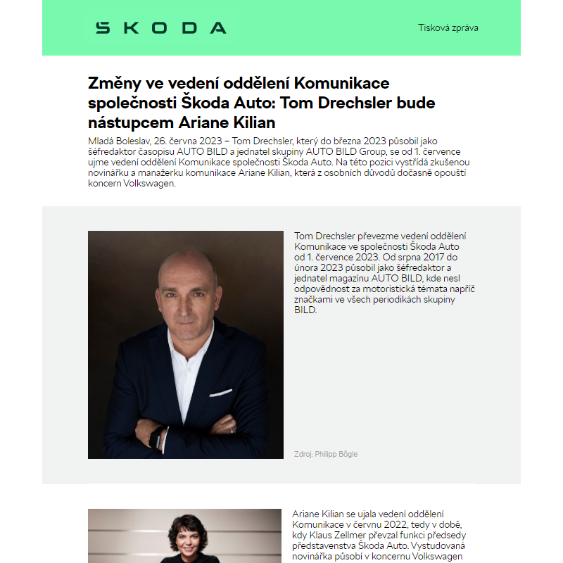 Změny ve vedení oddělení Komunikace společnosti Škoda Auto: Tom Drechsler bude nástupcem Ariane Kilian