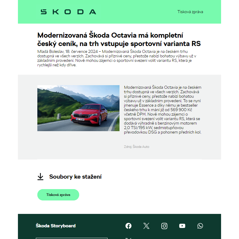 Modernizovaná Škoda Octavia má kompletní český ceník, na trh vstupuje sportovní varianta RS