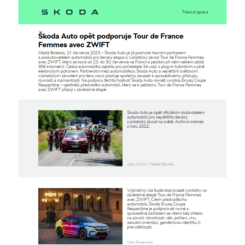 Škoda Auto opět podporuje Tour de France Femmes avec ZWIFT