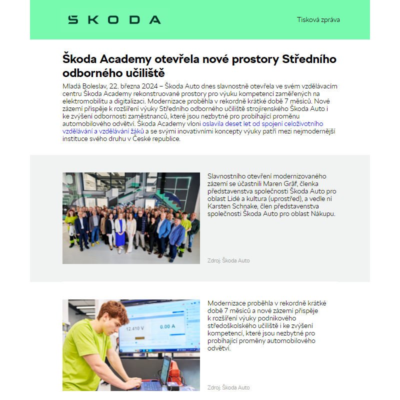 Škoda Academy otevřela nové prostory Středního odborného učiliště